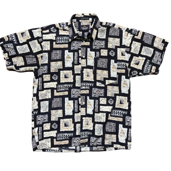 Perruzo Vintage Abstract 90s Black Cream Button Down Cotton Shirt Men's Medium - Picture 1 of 7